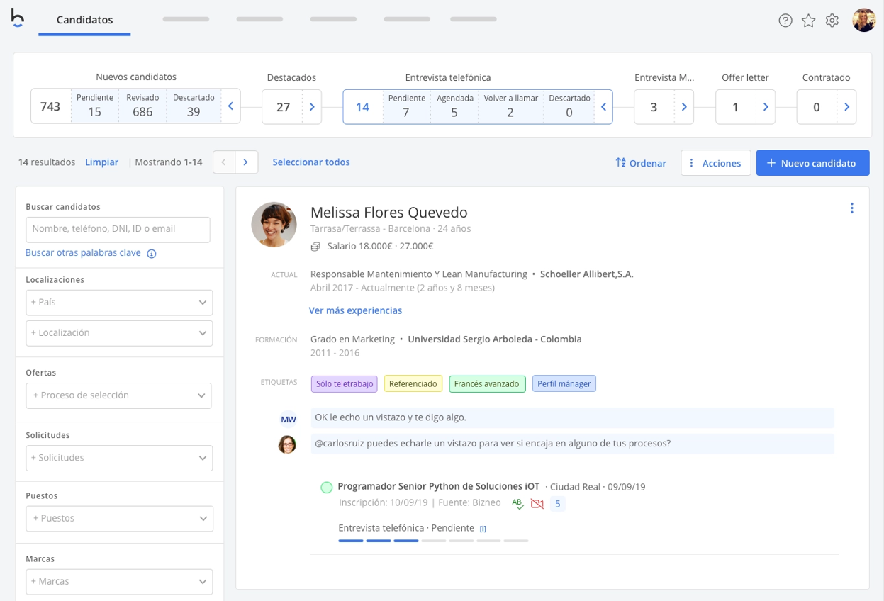Ejemplo de sistema de seguimiento de candidatos (Bizneo)